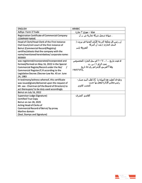 Lebanon registration certificate Word and PDF template